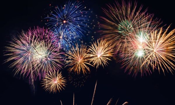 Large fireworks display over a public celebration